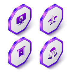 Set Isometric Medieval helmet, Fleur de lys or lily flower, flag and icon. Purple hexagon button. Vector