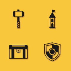 Set Battle hammer, Shield, Antique treasure chest and Castle tower icon with long shadow. Vector