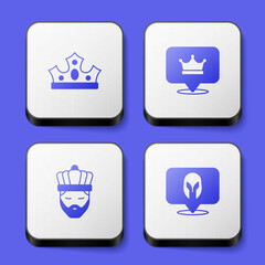 Set King crown, with and Medieval helmet icon. White square button. Vector