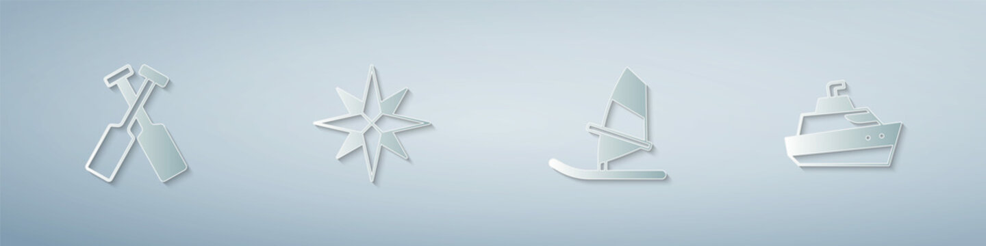 Set Crossed oars or paddles boat, Wind rose, Windsurfing and Speedboat. Paper art style. Vector