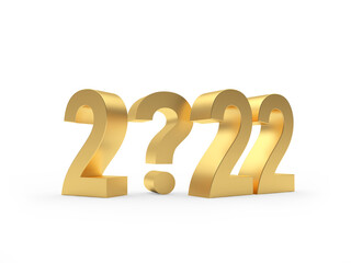 Golden number 2022 with question mark on a white background. 3D illustration	