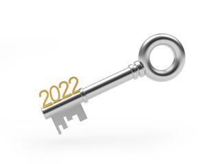 Silver key with New Years number 2022 isolated on white background. 3D illustration 