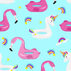 Pattern of rainbow unicorn and flamingo float rings. flat vector illustration.
