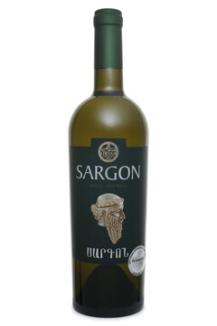 ST. PETERSBURG, RUSSIA - SEPTEMBER 04, 2021: Bottle of Sargon White Dry, Armenia