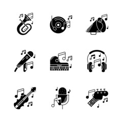 Fototapeta premium Set of 9 Musical instruments icon. Violin, Baritone tuba, Trumpet, piano, speaker guitar, musical notes and many icon sets. Entertainment and art icon illustration set. Silhouette icon set.