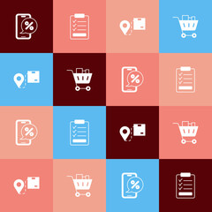 Set pop art Percent discount on phone, Clipboard with checklist, Location cardboard box and Shopping cart and food icon. Vector