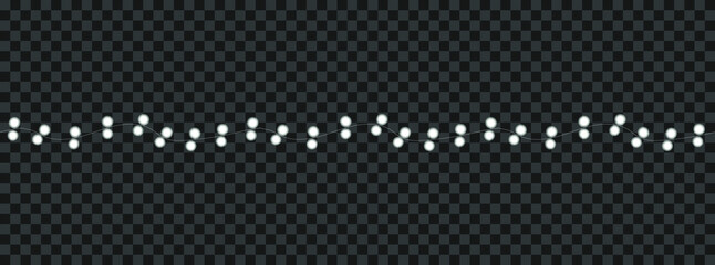 Vector White Christmas Lights Line, Garlands Shining on Dark Transparent Background, Seamless Garland, Holiday Design Element.