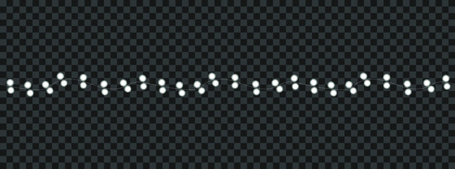 Vector White Christmas Lights Line, Garlands Shining on Dark Background, Holiday Design Element, Wavy Line, Decoration Template.