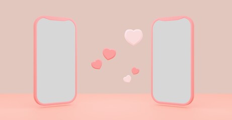 3D Illustration of two pink smartphones with a white display and heart icons on a rosy backround for valentine 