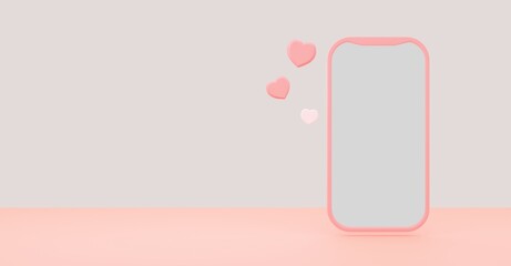 3D Illustration of a rosy smartphone with three hearts on a rosy background with copy space