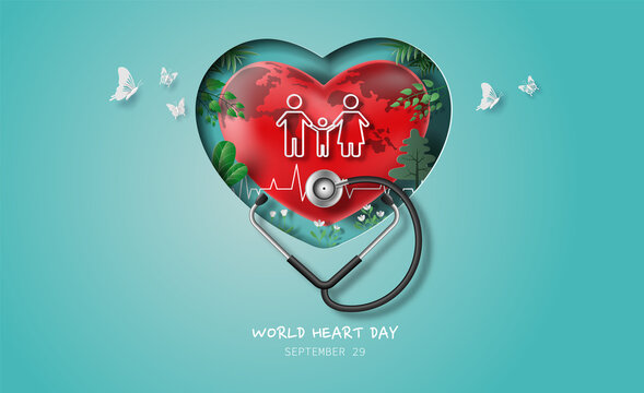 World Heart Day concept, a family holding hands with a read heart world and a stethoscope, paper illustration, and 3d paper. - Powered by Adobe