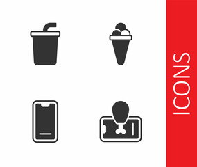 Set Food ordering on mobile, Paper glass with water, and Ice cream waffle icon. Vector