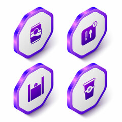Set Isometric Soda can, Food ordering, Online food and Coffee cup to go icon. Purple hexagon button. Vector