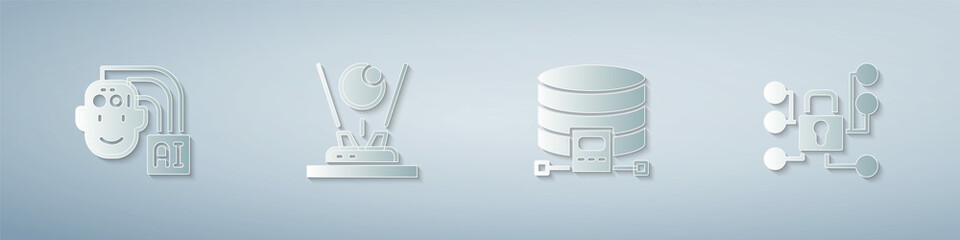 Set Humanoid robot, Hologram, Cloud database and Cyber security. Paper art style. Vector