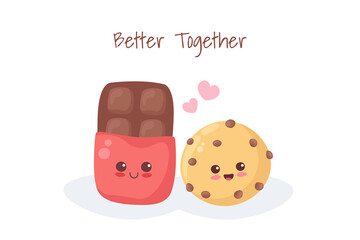 Kawaii vector illustration with smiling Chocolate and Cookie characters. Funny adorable food isolated on white background. Kids menu, fabric print, card design elements. Cartoon vector drawing.