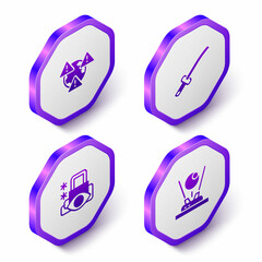 Set Isometric Earth with exclamation mark, Katana, Cyber security and Hologram icon. Purple hexagon button. Vector