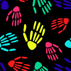  seamless pattern of bright Skeleton hands on a black background. bones pattern. Design for Halloween and day of the Dead