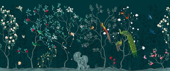Chinoiserie Vintage floral illustration for wallpaper, fabric, packaging. Mural. Bloom. Seamless background with exotic birds and flowers