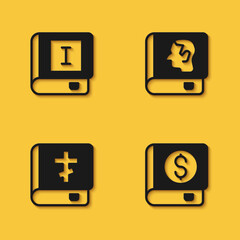 Set Book, Financial book, Holy bible and Law icon with long shadow. Vector