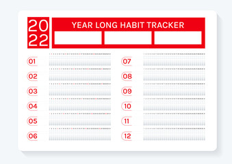 Habit tracker, vector habit planner template, minimal red design card, 2022 yearly habit planner