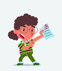 cartoon character of little girl on jeans arguing effusively with exam in hand.