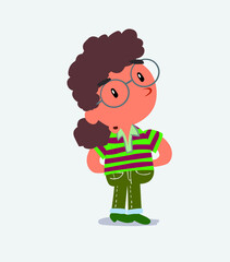cartoon character of little girl on jeans doubting.