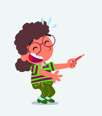 cartoon character of little girl on jeans laughs while pointing to the side with a pencil.