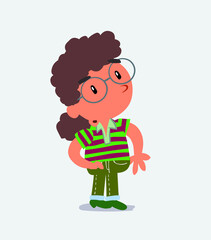 cartoon character of little girl on jeans looks with doubt and somewhat surprised.
