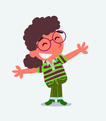 cartoon character of little girl on jeans opening arms very happy.