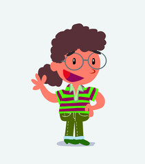 cartoon character of little girl on jeans waving happily.