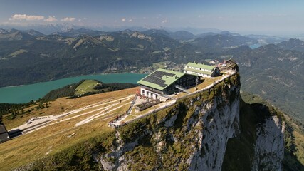 Aerial view on Schafbergspitze with Wolfgangsee in Background and Mountains