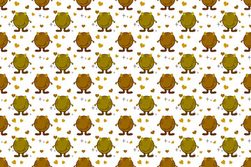 Fototapeta na wymiar Seamless wallpaper with cute pattern, funny round brown frog cartoon pattern on white background.
