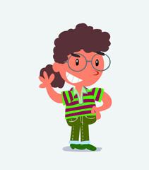 cartoon character of little girl on jeans waving while smiling.