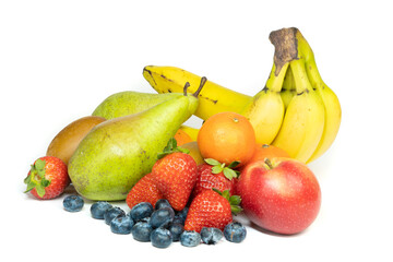 Lots of fresh fruit isolated on a white background, copy space