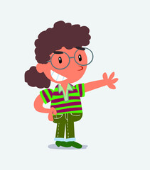 Pleased cartoon character of little girl on jeans points to something.