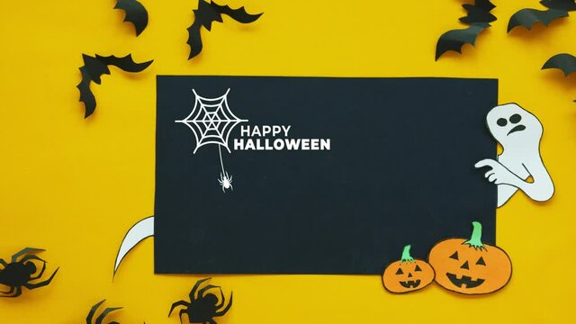 Background halloween animation of cobwebs and spider. Pumpkins, ghost, bats, place for text. 4K