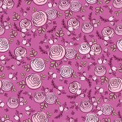 Seamless pattern with cute hand drawn pink flowers and leaves. Floral background for textile, fabric manufacturing, wallpaper, covers, surface, print, gift wrap, scrapbooking. Vector.