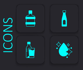 Set Water drop, Big bottle with clean water, Bottle of and glass icon. Black square button. Vector