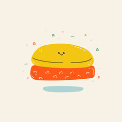 Cute cartoon soap on a substrate. Bathroom accessories bright icon. Hand-drawn poster with shapes, circles, face. Japanese style character for decorating brochures, advertisements, shops.