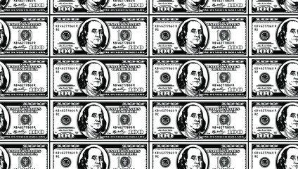 100 dollars bill bank notes seamless pattern background. Vector illustration. Benjamin Franklin. Used for textiles and printing