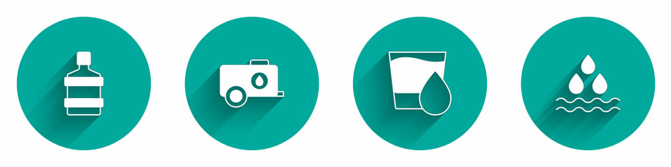Set Big bottle with clean water, Mobile tank, Glass and Water drop icon with long shadow. Vector