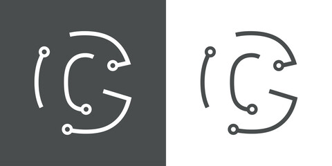 Logotipo letra inicial C con forma de circuito electrónico con lineas en fondo gris y fondo blanco