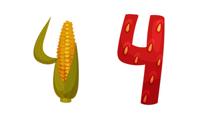 Number 4 Four made of fresh corncob and strawberry cartoon vector illustration