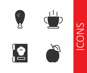 Set Plum fruit, Chicken leg, Cookbook and Bowl of hot soup icon. Vector