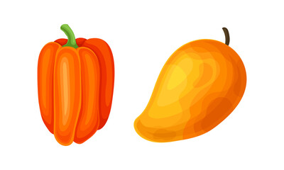 Orange fruit and vegetables set. Fresh ripe pepper and mango cartoon vector illustration
