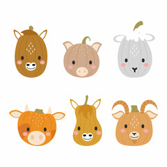 Happy Halloween cute collection of cartoon pumpkins with animal faces. Halloween party decor for children. Childish print for cards, stickers, invitation, nursery decoration. Vector illustration.