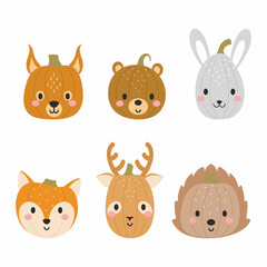 Happy Halloween cute collection of cartoon pumpkins with animal faces. Halloween party decor for children. Childish print for cards, stickers, invitation, nursery decoration. Vector illustration.
