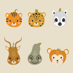 Happy Halloween cute collection of cartoon pumpkins with animal faces. Halloween party decor for children. Childish print for cards, stickers, invitation, nursery decoration. Vector illustration.