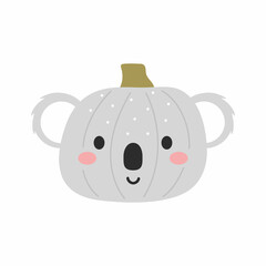 Happy Halloween cute cartoon pumpkin with koala face. Halloween party decor for children. Childish print for cards, stickers, invitation, nursery decoration. Vector illustration.