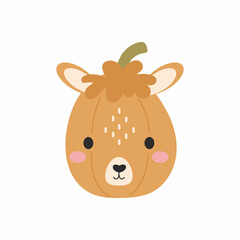 Happy Halloween cute cartoon pumpkin with alpaca face. Halloween party decor for children. Childish print for cards, stickers, invitation, nursery decoration. Vector illustration.